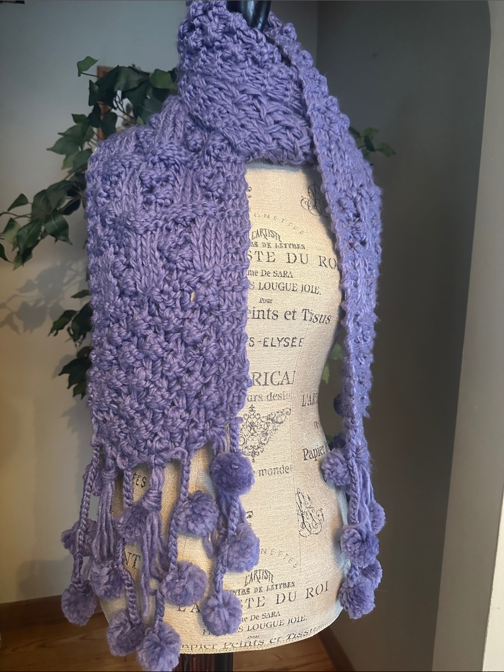 Hand Crafted Purple Crochet Scarf with Pom-Pom Fringe